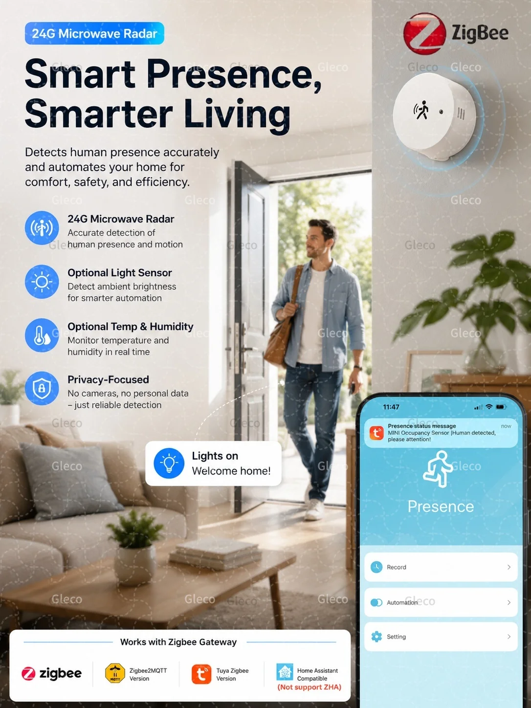 Smart Life Zigbee Human Presence Sensor 24G MMWave Radar PIR Bewegungstemperatur Luftfeuchtigkeit Helligkeit für Tuya 2MQTT Sicherheitsautomatisierung