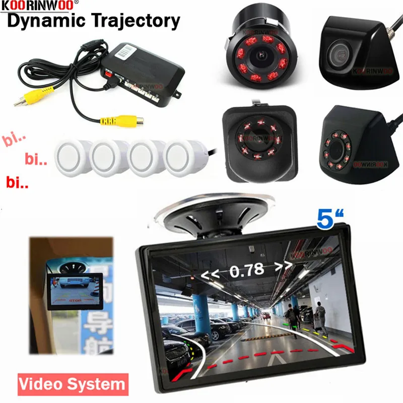

Автомобильная динамическая траектория Koorinwoo с 5-дюймовым экраном, видеосистема, датчики парковки, 4 камеры заднего вида, зуммер, резервная помощь