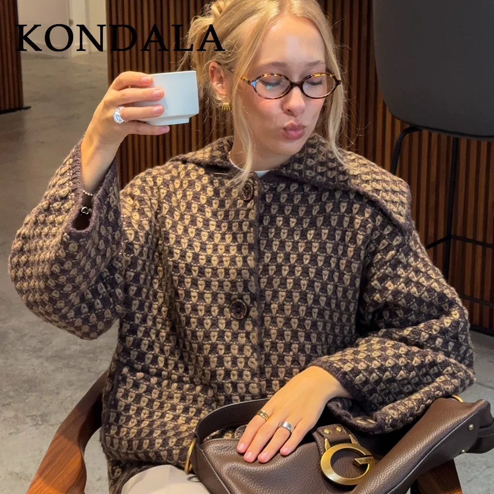 

KONDALA 2025 осень-зима вязаная уличная одежда больших размеров женские пальто модные коричневые однобортные элегантные шикарные свободные женские пальто