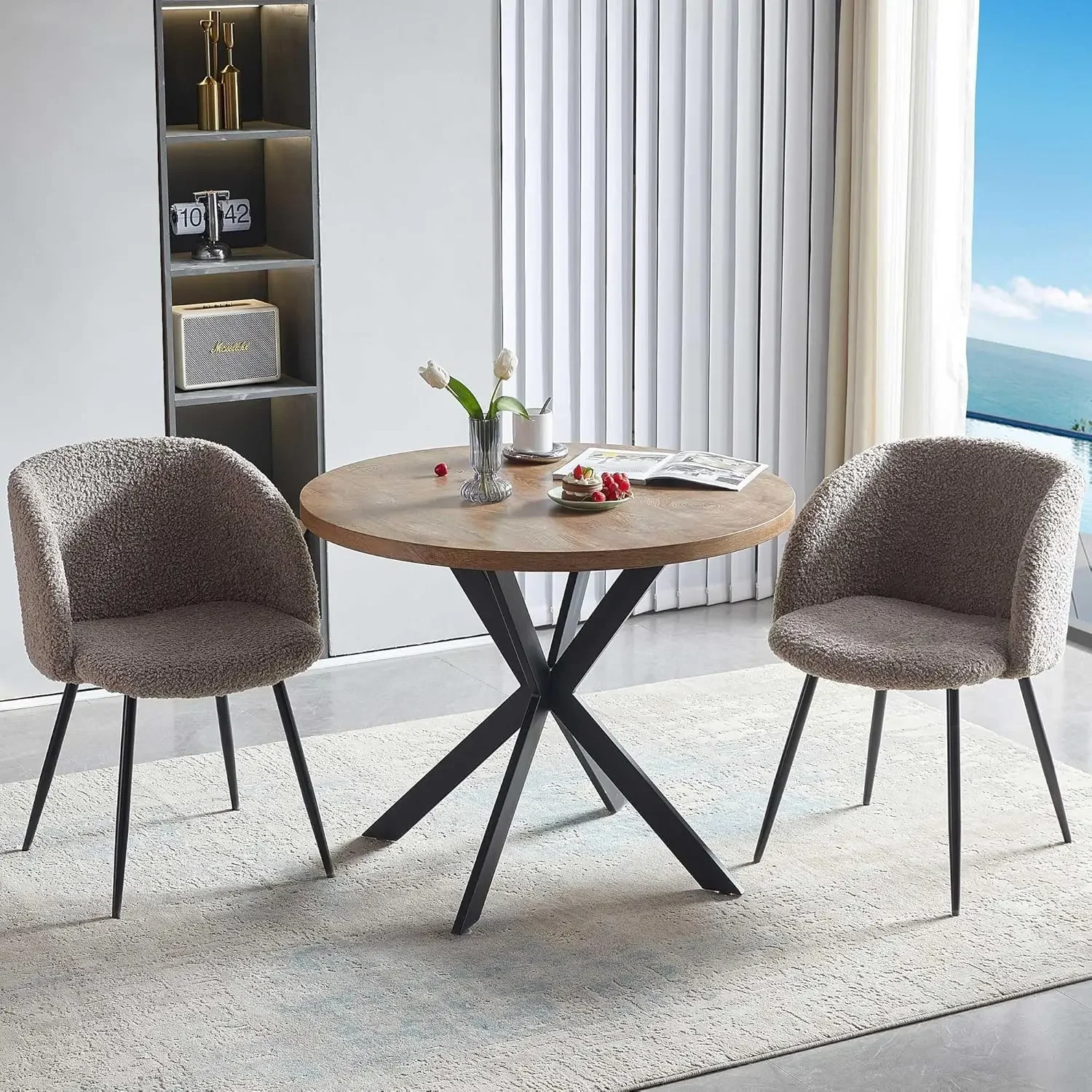 NORDICANA 3 Pieces 37-Inch Round Dining Table and Upholstered Chairs for Two Person, MDF Table-top, Light Brown Fuzzy Sherpa Arm