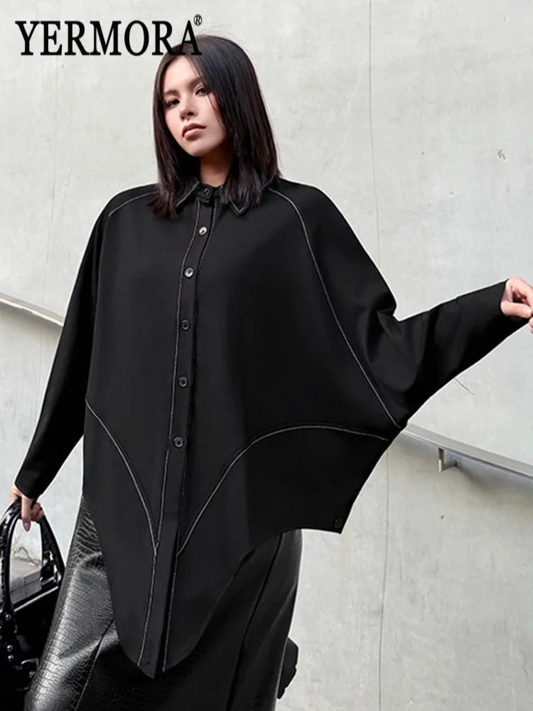 

YERMORA Black Button Irregular Bat Sleeves Casual Blouse For Women Lapel Loose New Shirt Fashion Tide Spring Autumn 2026
