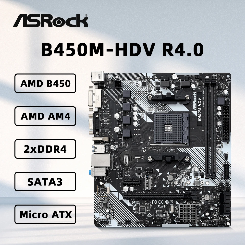 ASROCK B450M-HDV R4.0 Motherboard with R5 5500 CPU Supports AMD AM4 slot R9 5900X R7 5800X CPU AMD B450 Chipset 2xDDR4 Micro ATX