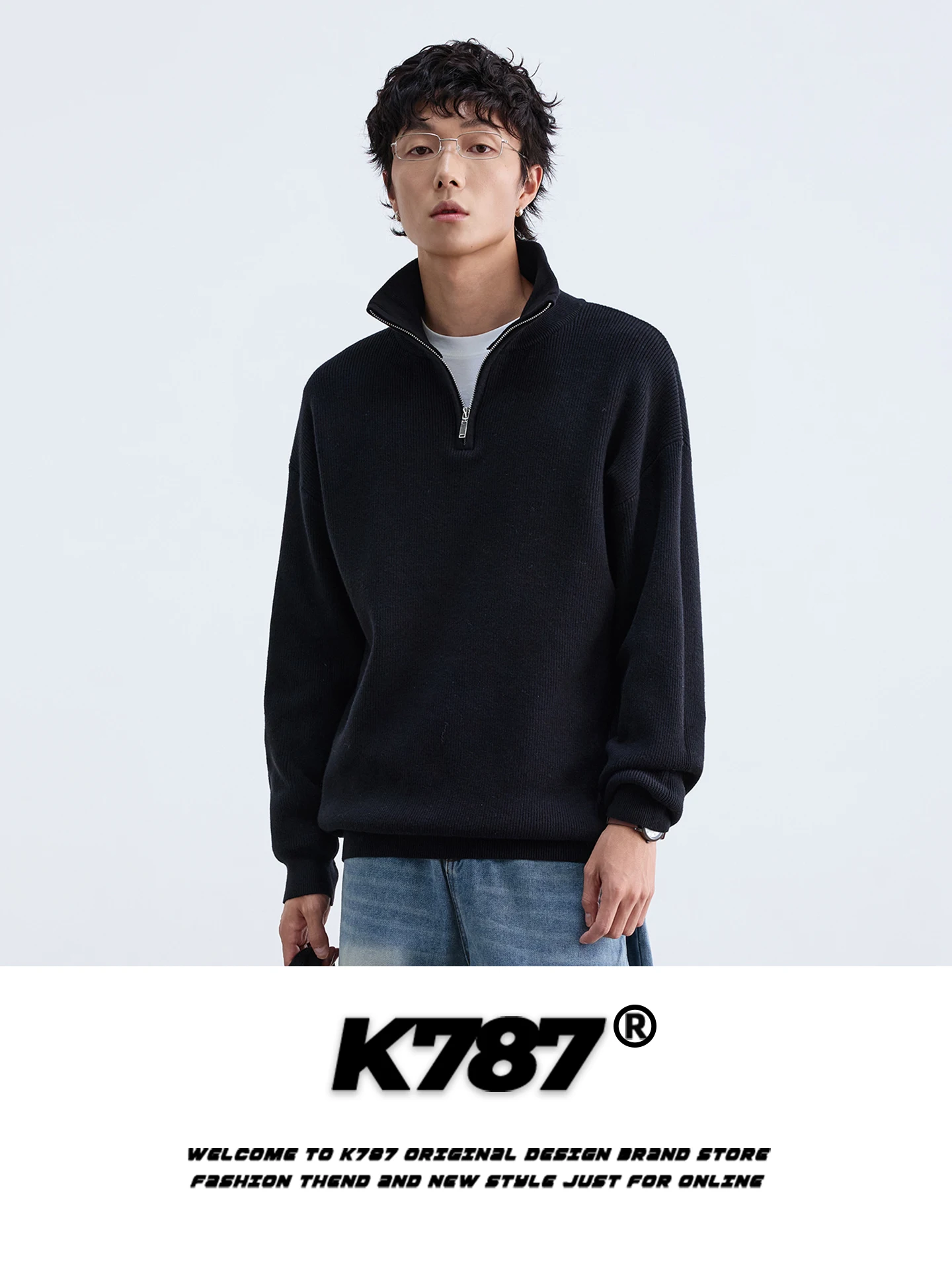 

American Retro Simple Color f Zip Sweater Men's Loose Casual Lazy Sle Warm Knitted Winter Leisure Faion Top