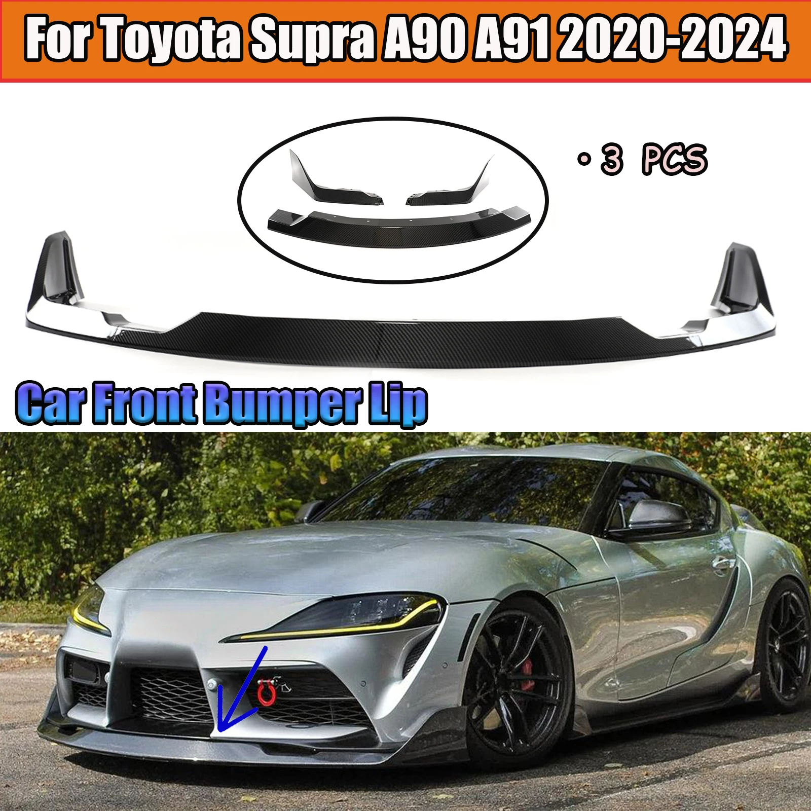 For Toyota Supra A90 A91 2020-2024  Front Bumper Lip Spoiler Diffuser Splitter Glossy Black Carbon Fiber Style Car Accessories