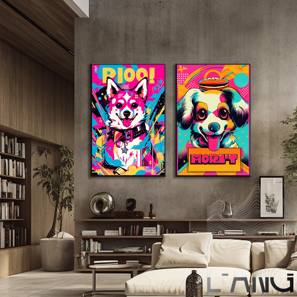 

Vintage pet cute happy puppy color illustration poster living room bedroom study wall decoration painting