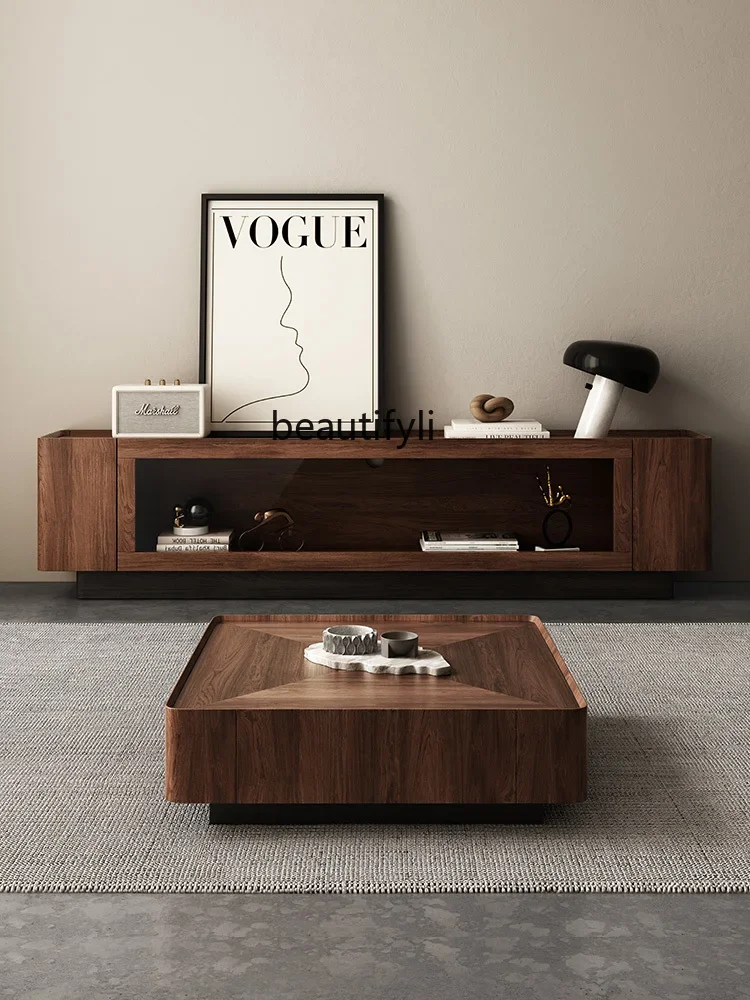 

VSolid Wood TV Cabinet Floor Black Walnut Middle Ancient Living Room Induction Lamp Low Cabinet Coffee Table Combination