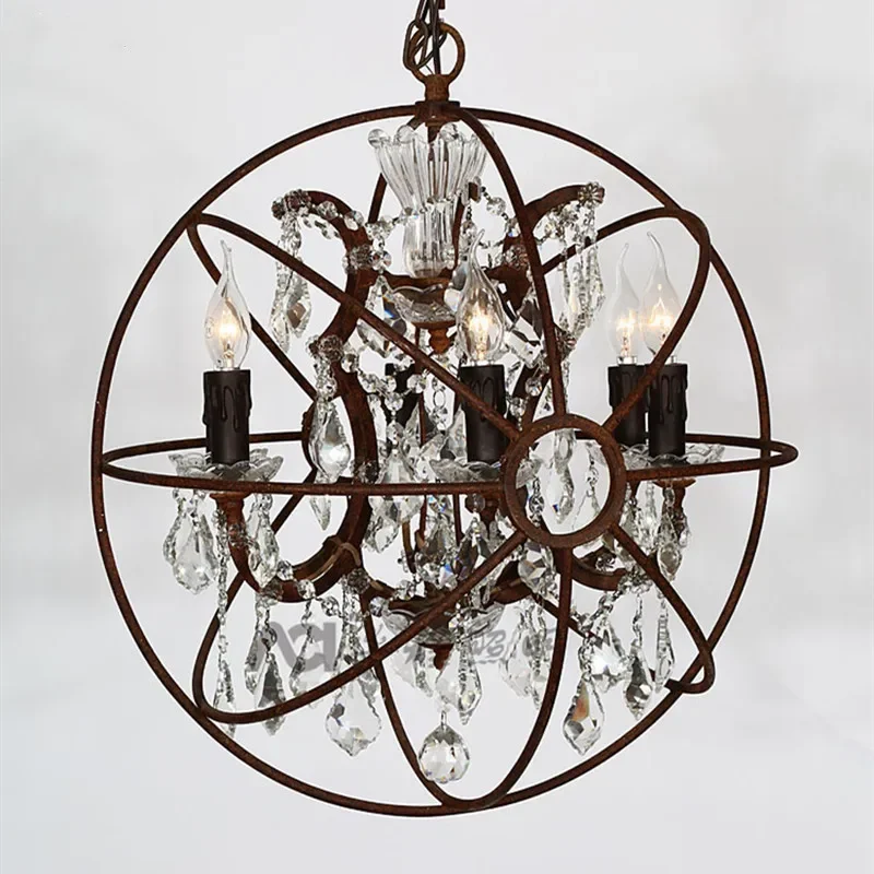 Modern Retro American Country Candle Globe Crystal Chandelier Industrial Style Wrought Iron Church Stairwell Living Room Decor