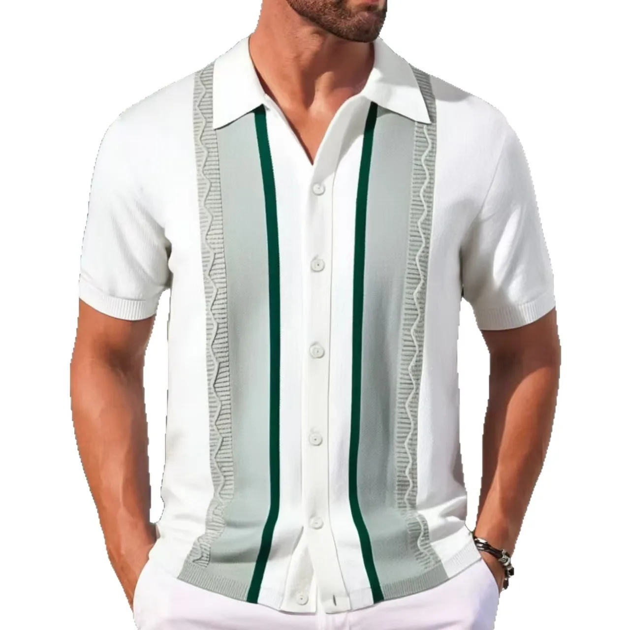 

Мужские летние деловые вязаные рубашки поло с короткими рукавами, уличная одежда на пуговицах, дышащие полосатые модные легкие роскошные рубашки в стиле ретро