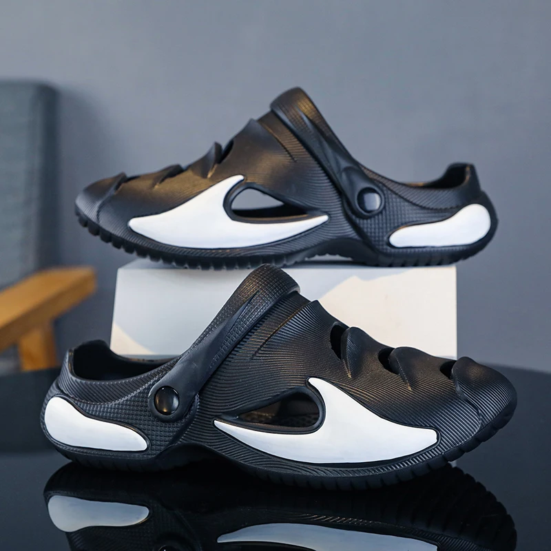 Simple men hollow clog slides lightweight shock absorption footbed non slip wear resistant versatile summer walking sandals