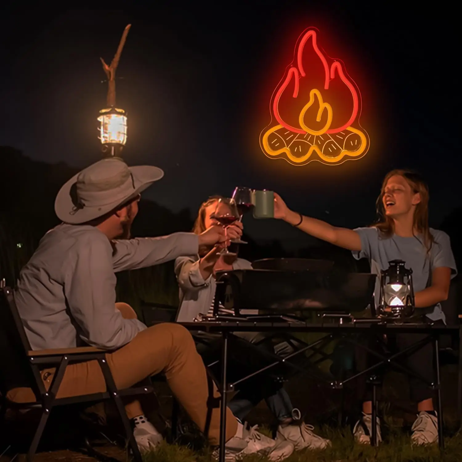 Campfire Neon Sign Bonfire LED Happy Camper Flame Neon Light USB Dimmable for Campsite Rv Touring Trailer Fireplace Party Decor