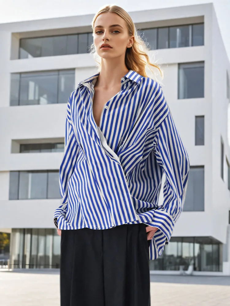 DEAT Fashion Women\'s Stripe Shirt Waist Retraction Single Breasted Contrast Color Casual Blouse Autumn 2024 New Tide CPDB221