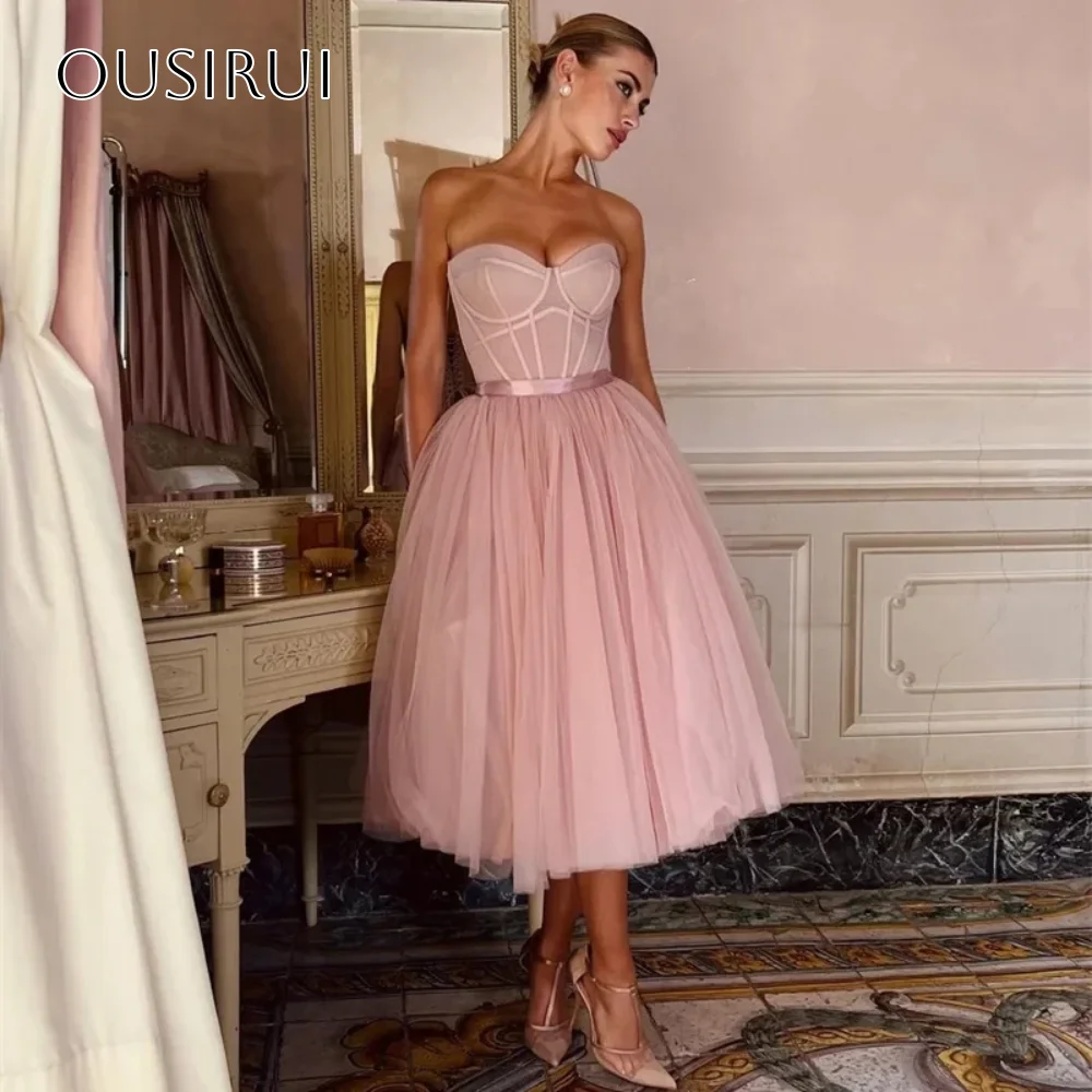 

Sweetheart A-line Tulle Short Cocktail Dresses Sleeveless Tea Length Corset Back Formal Party Customized vestido festa