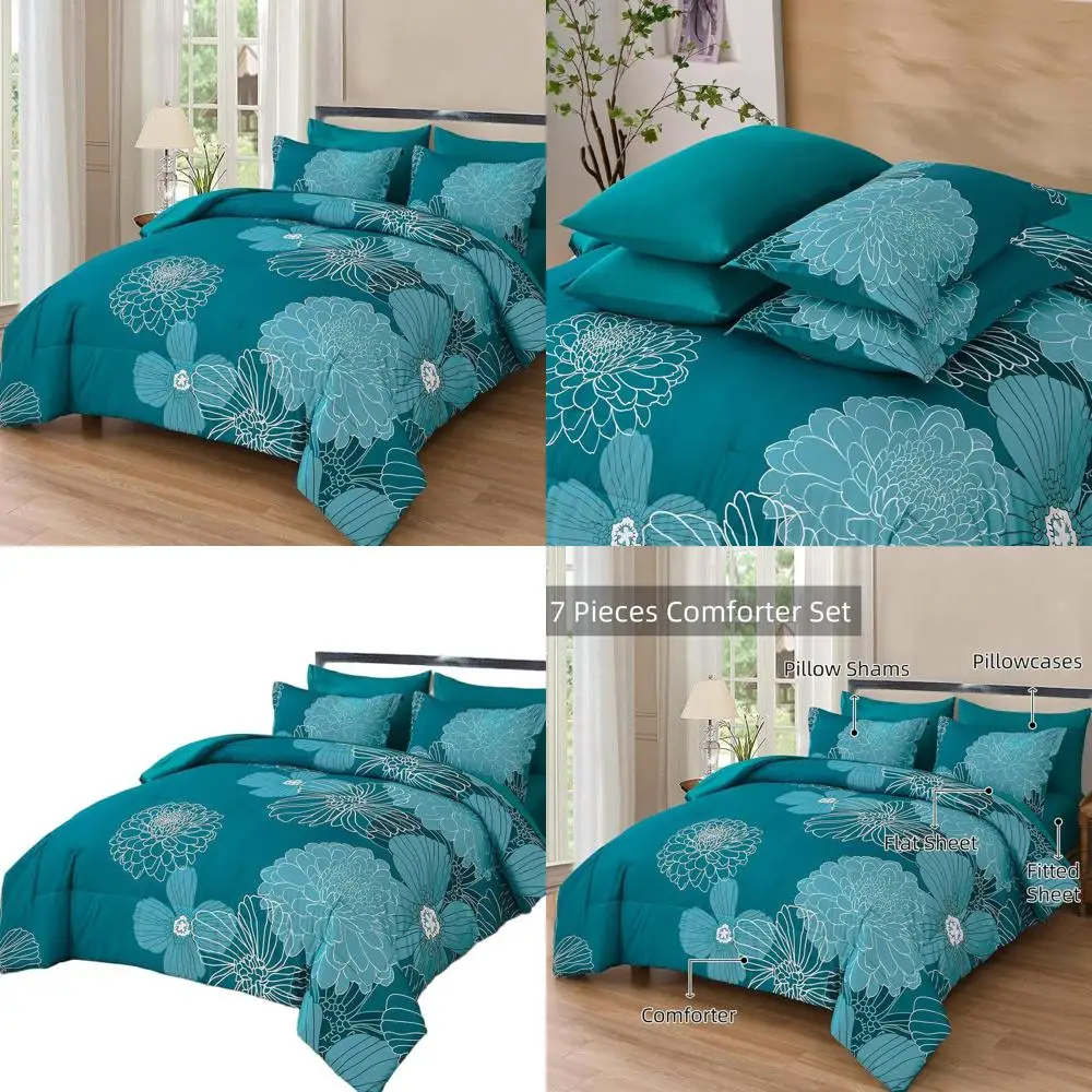 

7-Piece Teal Floral Boho Comforter Set, Soft Microfiber Bedding for All Seasons, 90x90