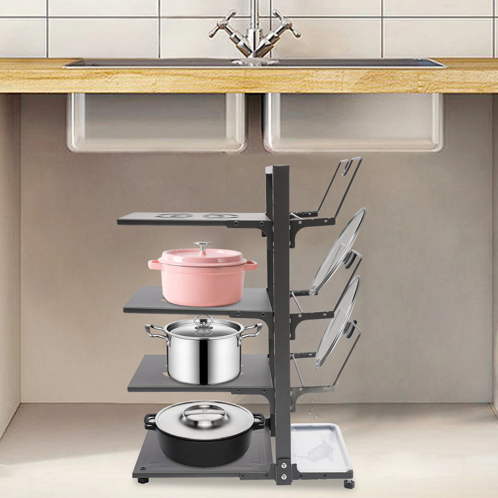 Kitchen storage rack Multi-layer pot storage rack countertop prepared dish cover rack under sink cabinet layered pot rack