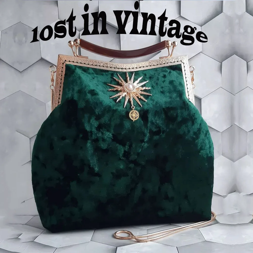 Lost In Vintage Emerald Velvet Bag and A Glitter Shiny Shunshine-shape Brooch Pendant with Pendulum Handle Clutch 28x23x8cm