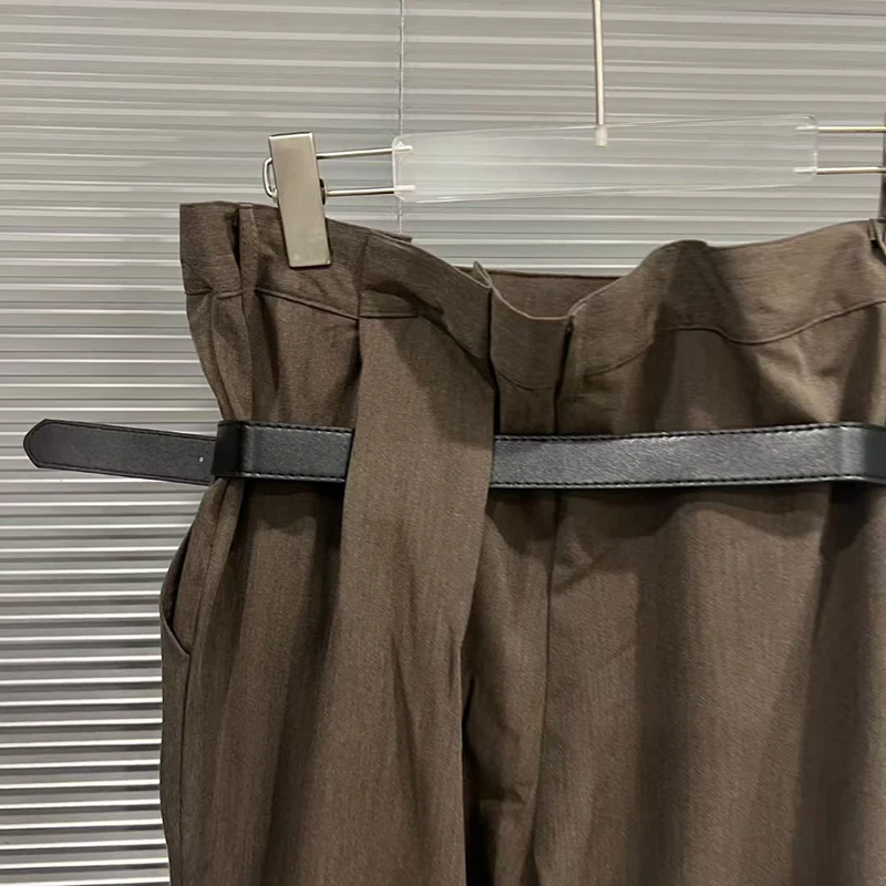 KBQ Solid Casual Minimalist Spliced Belts Pants for Women High Wasit Patchwork Pockets Loose Trousser Female Fashion Style New