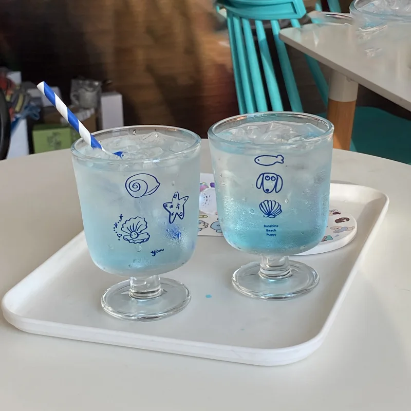 New Solid Color Ocean Shell Dog Repair Tall Footed Glass Cups Modern Simple Milk Cups French Dessert Cup Transparent Water Cups
