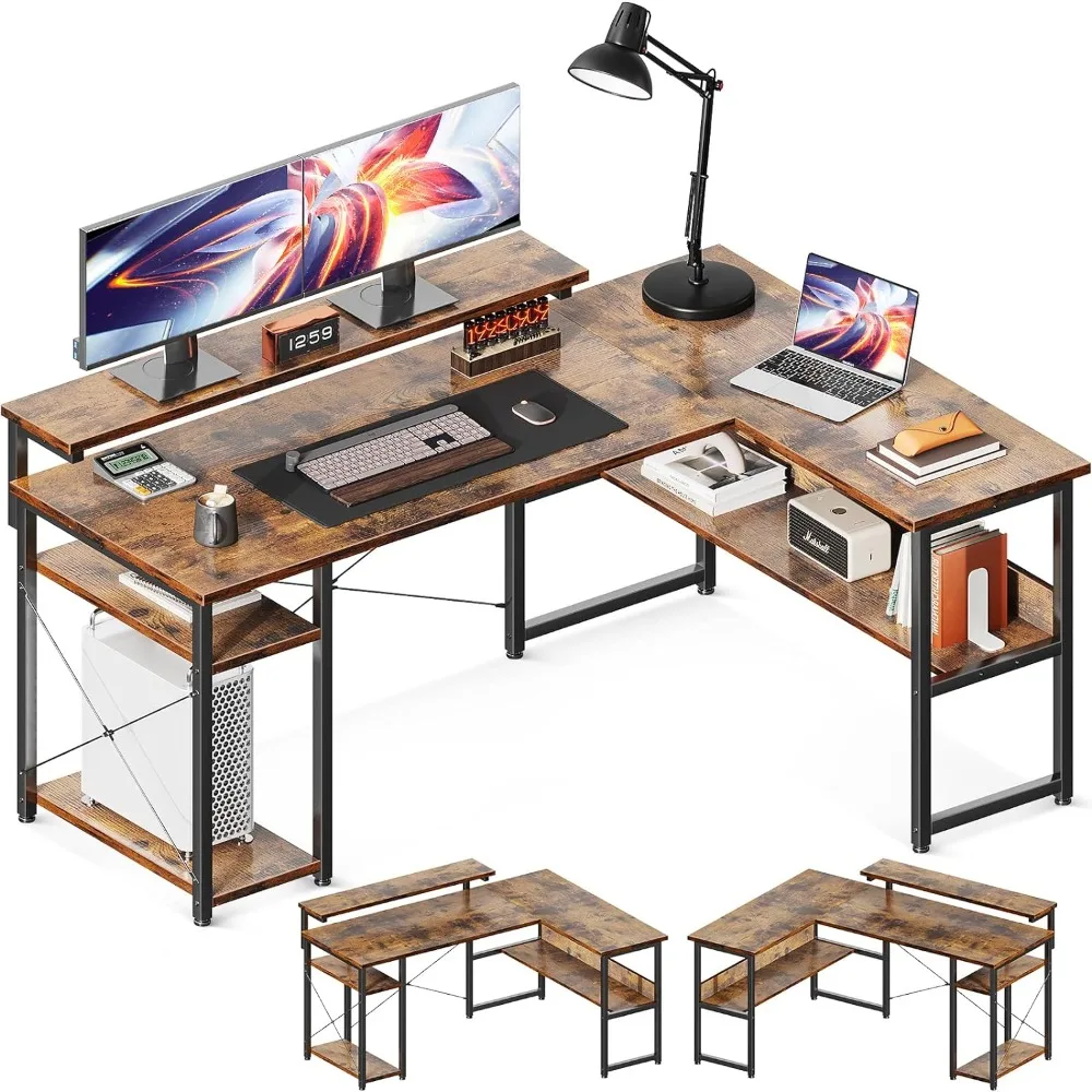 ODK 54 Computer Desk Reversible L Shaped Computer Desk with Storage Shelves, Gaming Desk, Vintage