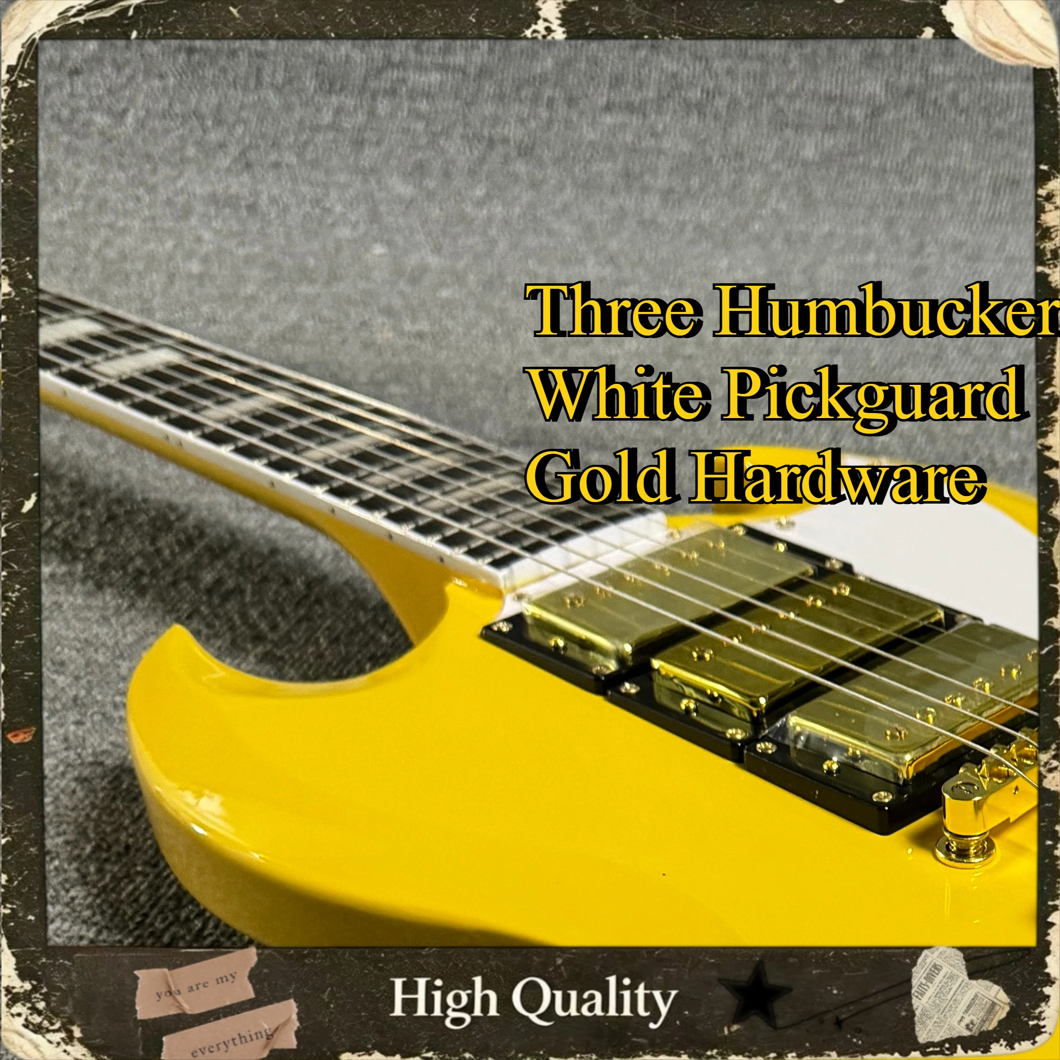 Bright Yellow SGJU Electric Guitar Three Humbuckers White Pickguard Gold Hardware Heavy Metal Guitar