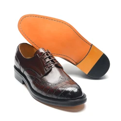 Luxury Men's Formal Derby Shoes Genuine Leather Lace-up Round Toe Crocodile Print Business Wingtip Oxford Wedding Dress Shoes