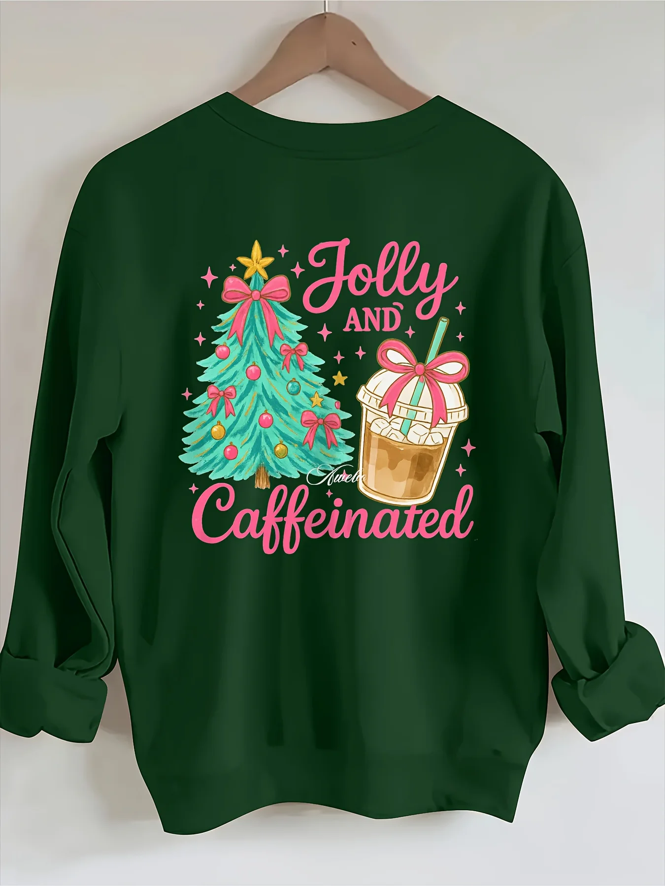 Plus Size, Oversized Sweatshirt with Round-Collar for Women-Light Yellow Christmas Tree Graphic and Coffee Cup with Slogan