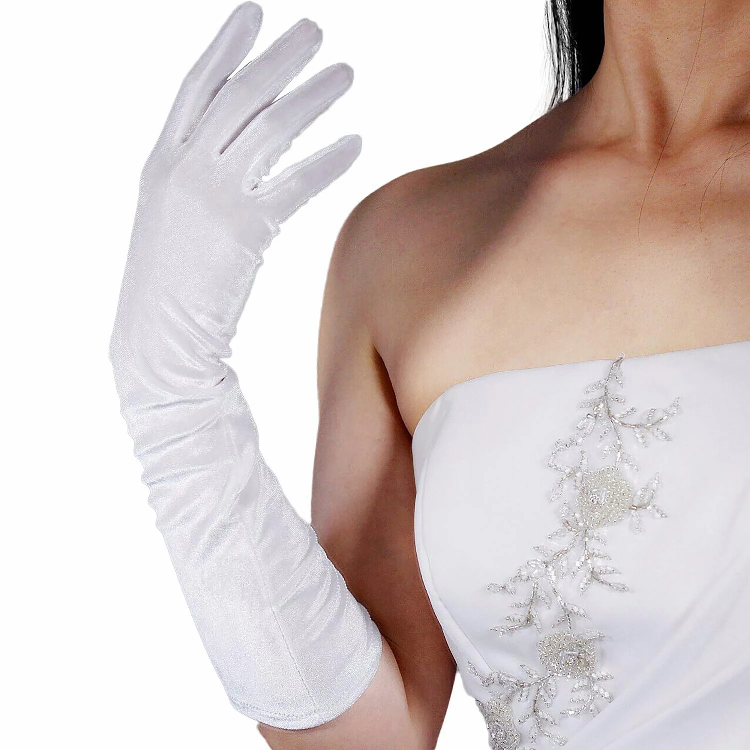 DooWay Women White Velvet Gloves Long TECH Touchscreen Stretch Elbow Length Evening Opera Wedding 1920s Party Costume Red Carpet