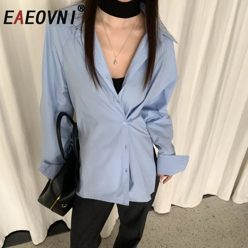 

EAEOVNI однотонная модная блузка для женщин, рубашка с длинными рукавами и лацканами на пуговицах, универсальная новинка 2023 года, одежда