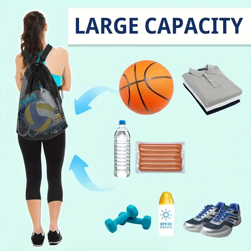 Large Capacity Team Training Mesh Backpack Bag Portable Drawstring Football Basketball Storage Bag Hiking Travel Shopping Pocket