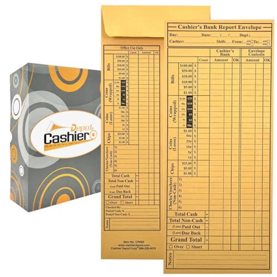 

Конверты для банковских отчетов Cashier Depot - Cashier's Bank Report Envelopes CR680, 4 1/2" x 10 3/8", прочные, 24 фунта. Коричневый крафт-конверт с клеевым клапаном для банковских вкладов