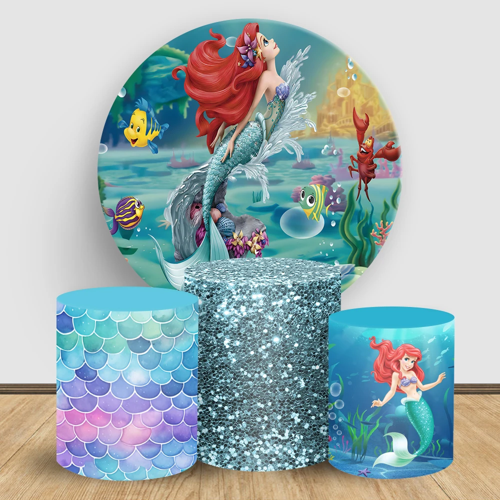 

Disney's Mermaid Ariel Theme Circle Round Backdrop Cover and Cylinder Covers for Girl Birthday Party Photo Background Decoration