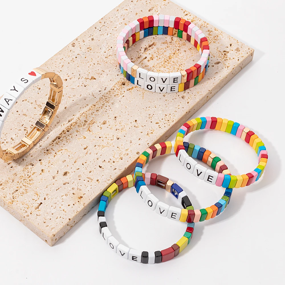 4x8mm Enamel Bracelets For Women Colorful Beads Handmade Bangle Heart Charm Jewelry For Party
