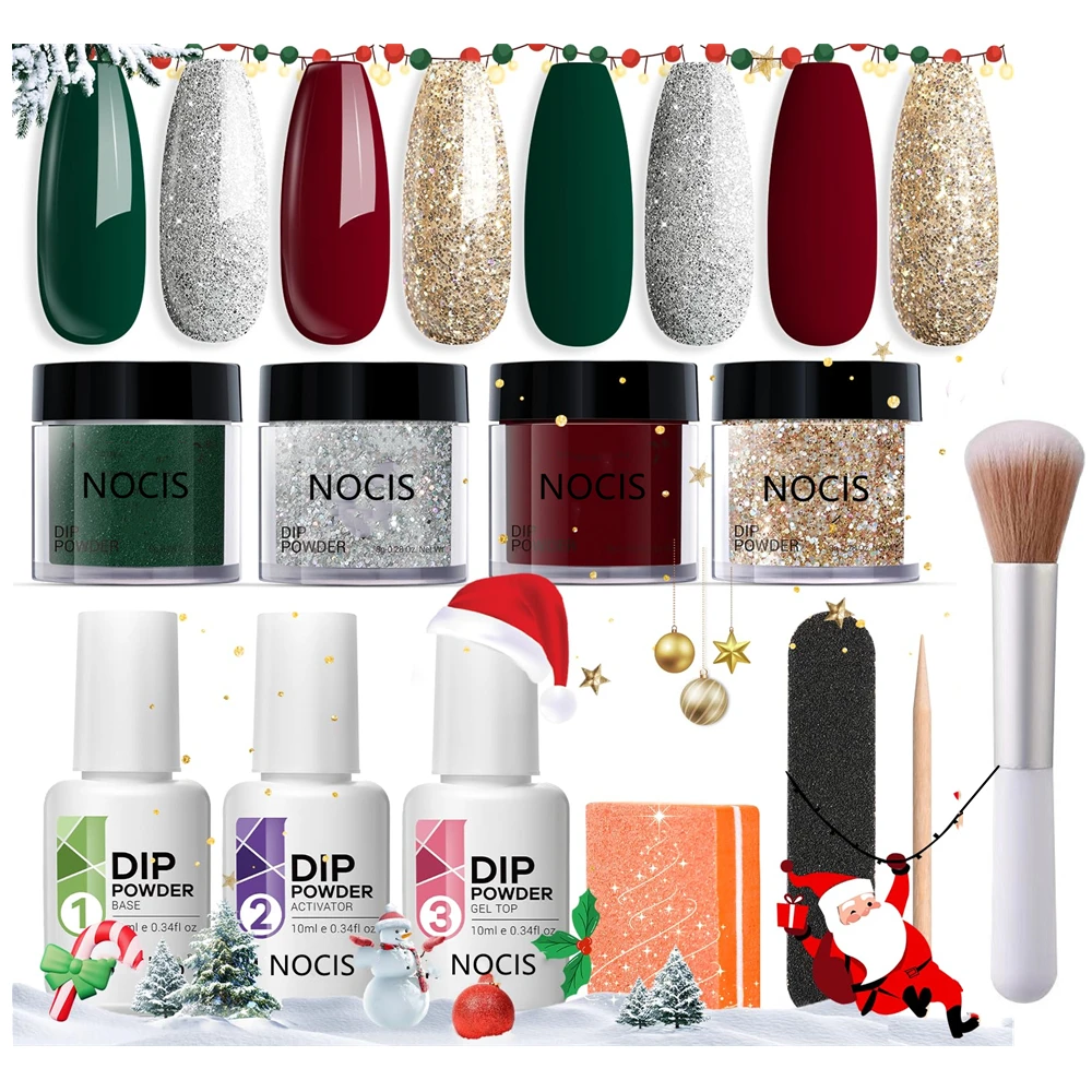 Christmas Glitter Dip Powder for Nail Kit | Red, Green, Golden, Silvery Starter Set with Liquid and Complete Accessories