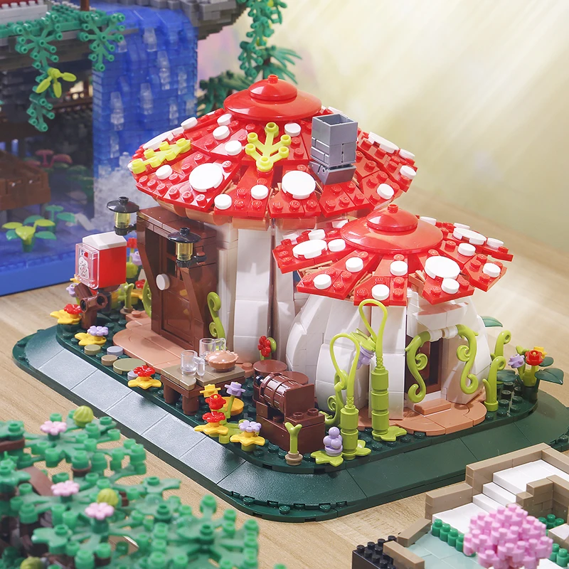 Blocs de construction de maison de champignon de conte de fées, 1100 pièces, Architecture de Village, Micro briques à assembler, jouets MOC, cadeau de noël pour fille
