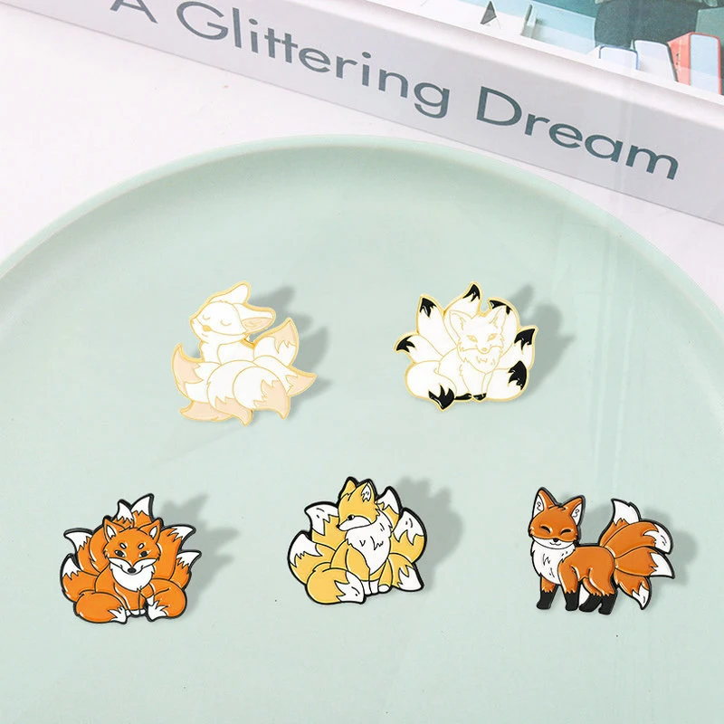 Animal Pines Lapel Badges Bag Fun Cartoon Jewelry Gift for Kids Friends Nine Tailed Fox Enamel Brooch Custom Kawaii Cute