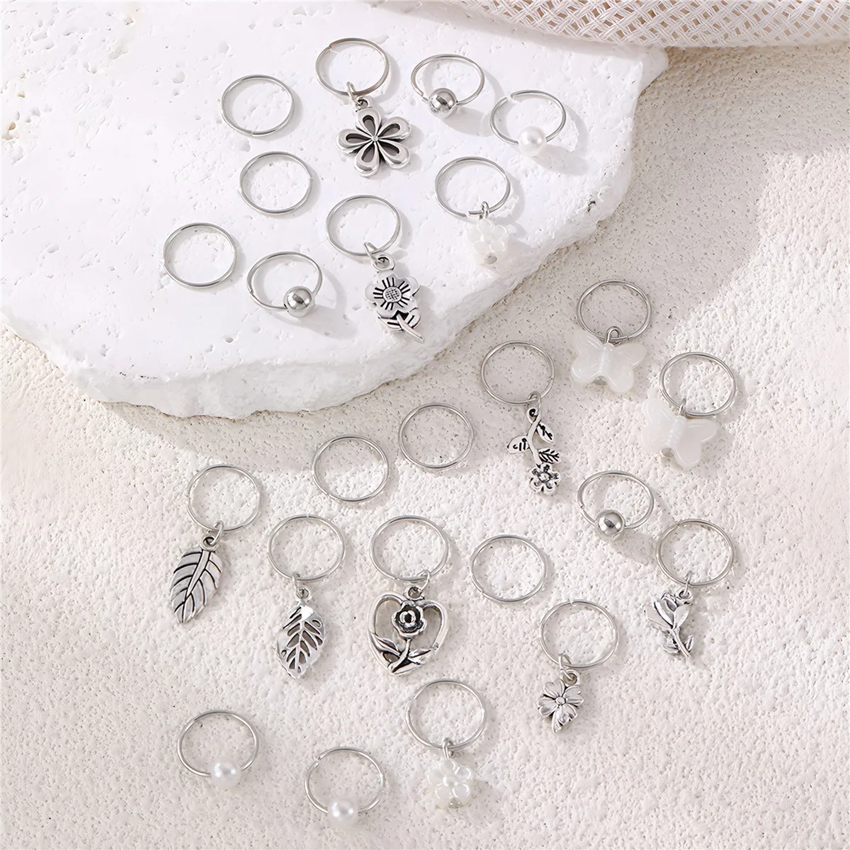 23개/봉투 실버 메탈 나비 드레드락 헤어 링 세트 트렌디 스트릿 헤어 액세서리 (드레드락 땋기용)