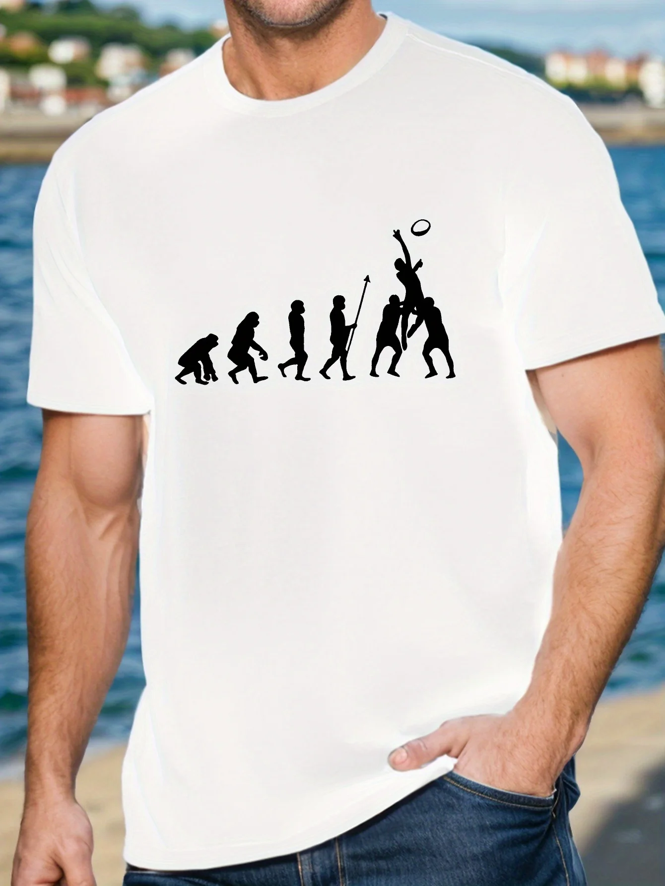 Evolution Of Rugby Print, męska koszulka z krótkim rękawem i okrągłym dekoltem, lekka koszulka na lato