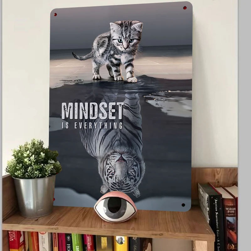 Mindset Is Everything Kitten Tiger Reflection Inspirational Metal Wall Art Decor for Home Office