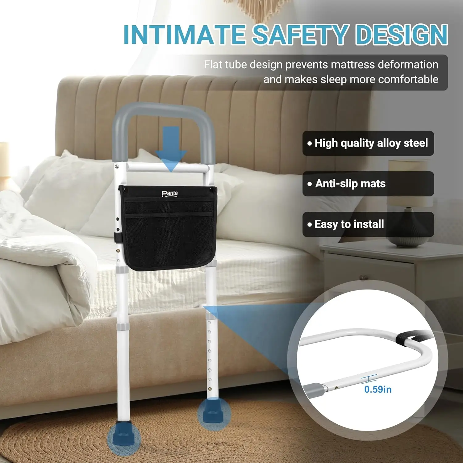 Adjustable Bed Assist Rails for Seniors, Bed Side Rails with Support Legs and Storage Pocket, Portable Bed Cane