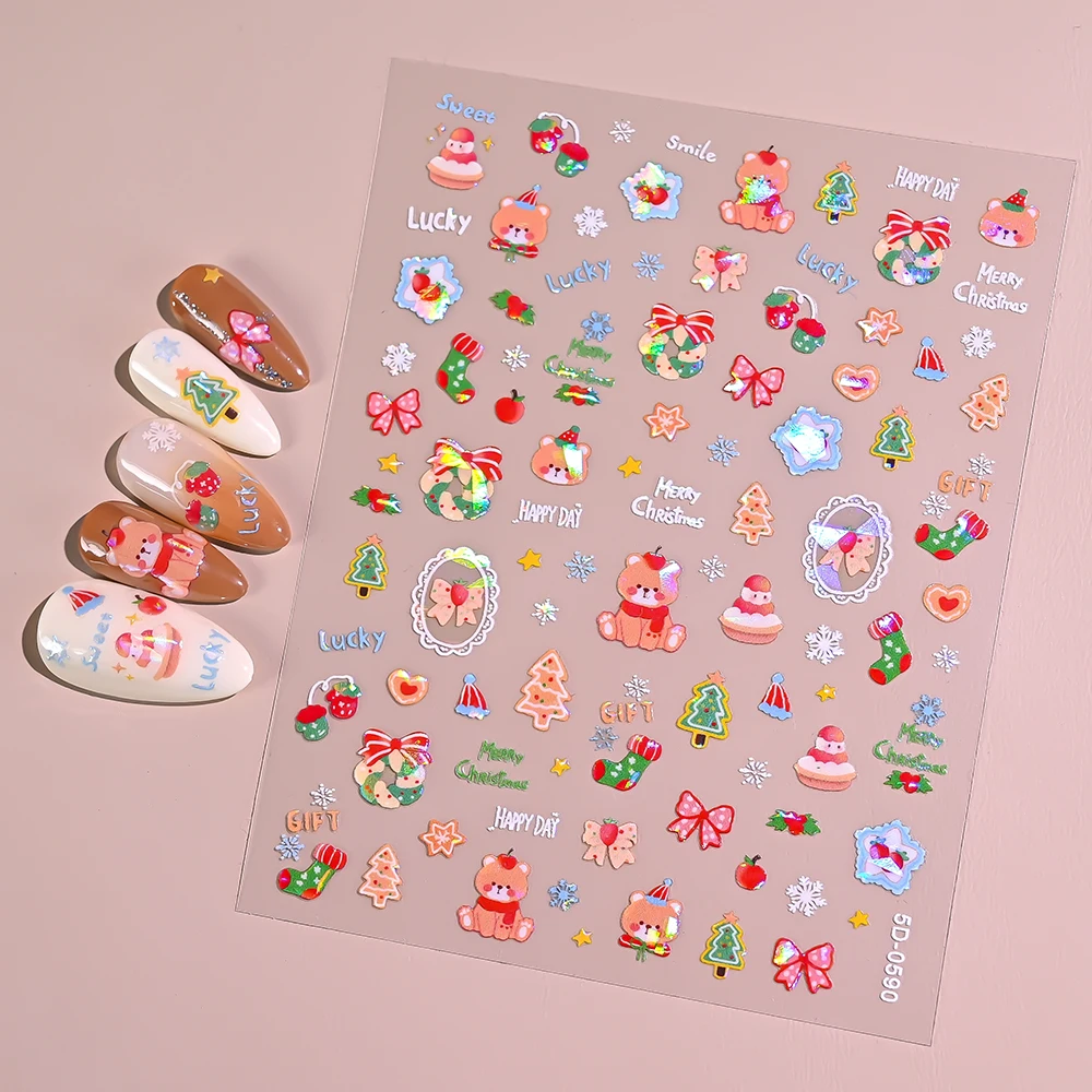 1 szt. Naklejki na paznokcie 5D Laserowe Różowe Świąteczne Ozdoby Aurora Choinka Kokarda Wieniec Płatki Śniegu Samoprzylepne Wytłaczane Naklejki na Paznokcie Urocze Akcesoria do Paznokci
