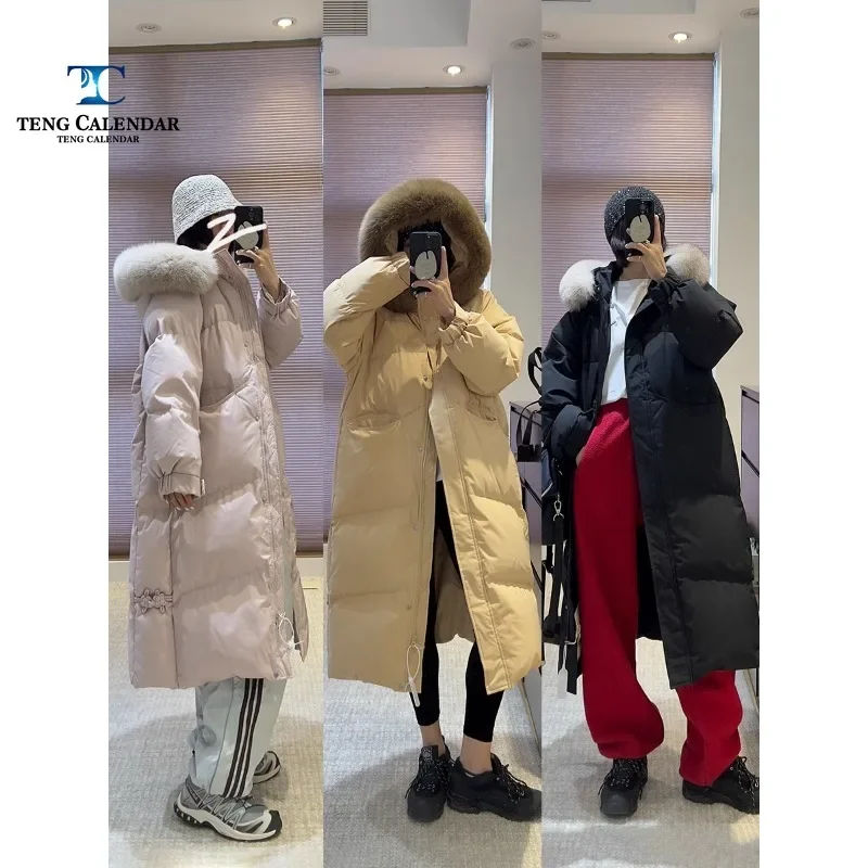 

Winter down jacket, medium length fox fur collar, loose and thick Chinese button white duck down jacket, 2024 women's new style