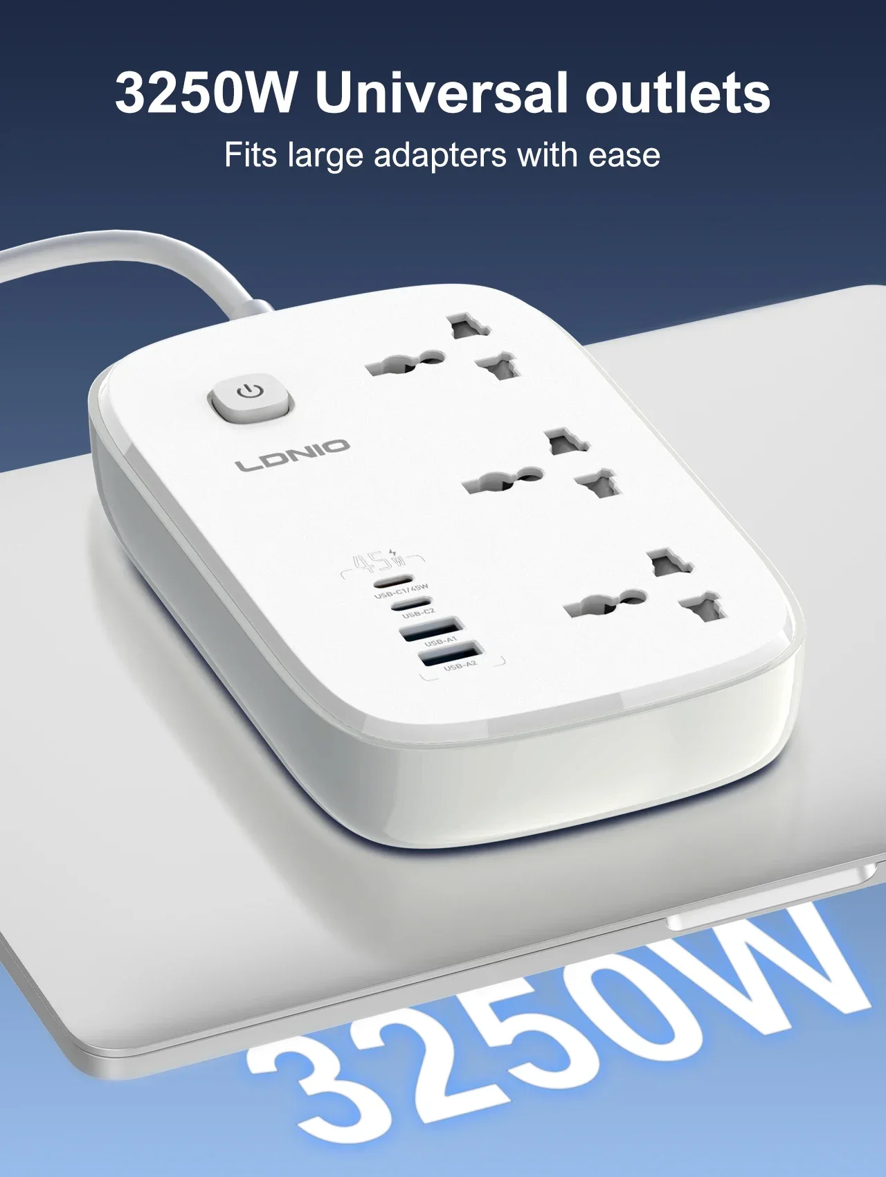 LDNIO Universal Power Strip 3250W EU UK US Plug Socket 45W PD Fast Charger 3 Outlets 2M Extension Cord For Laptop Phone Charging