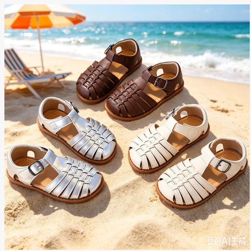 Children's Sandals 2026 Summer New Item Cowhide Soft Sole Fashionable Woven Hollow Out Girls' Beach Shoes Breathable Baby Shoes