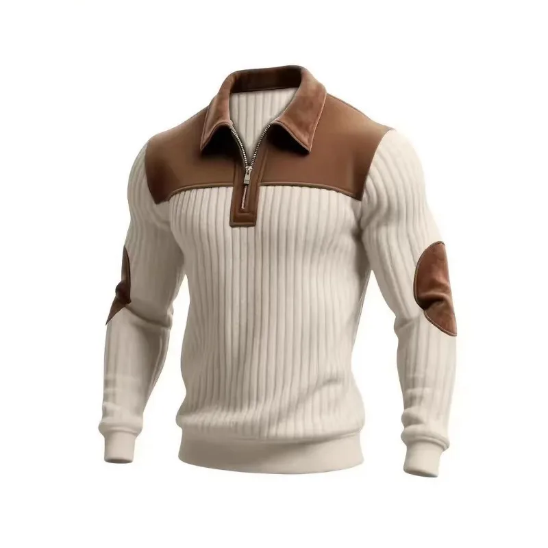 Men Color Block Lapel Half Zip Polo Shirt Ribbed Long Sleeve Casual Top
