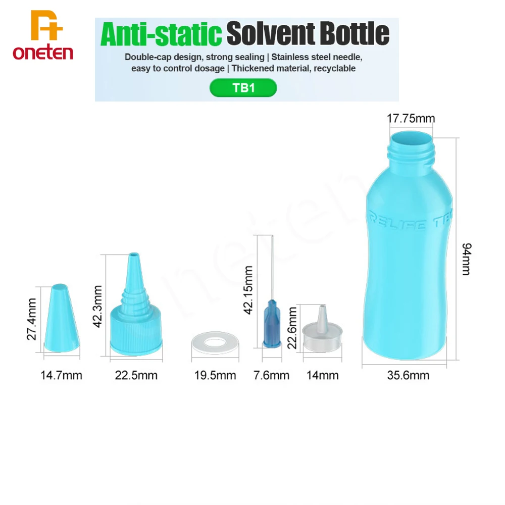 RELIFE TB1 50ml Solvent Bottle Double Capped Empty Alcohol Bottle Welding Aid Distributor for Mobile Phone PCB Cleaning Pot Tool