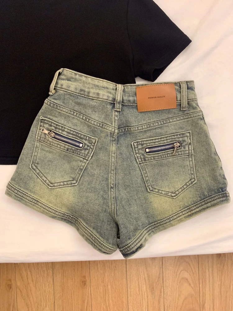 레트로 아메리칸 디스트레스드 청바지 여성 슬림핏 스트레이트 캐주얼 스커트 섹시 핫팬츠 하이웨이스트 여름 데님