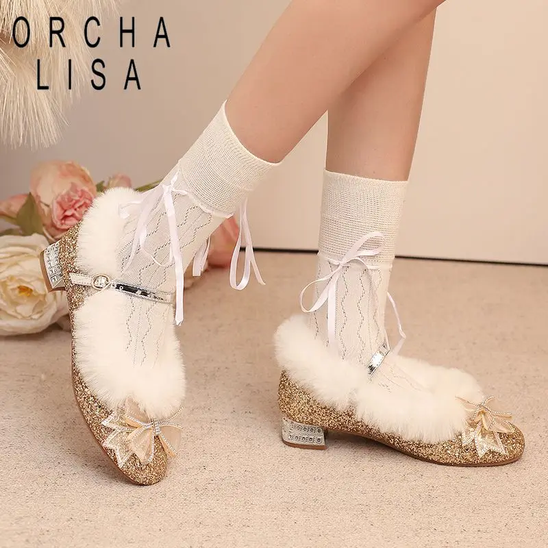 

ORCHA LISA Модные теплые туфли для девочек Sweet Flast с круглым носком и пряжкой на ремешке с узлом-бабочкой и блестящими кристаллами, большие размеры 41 42 43 Осень