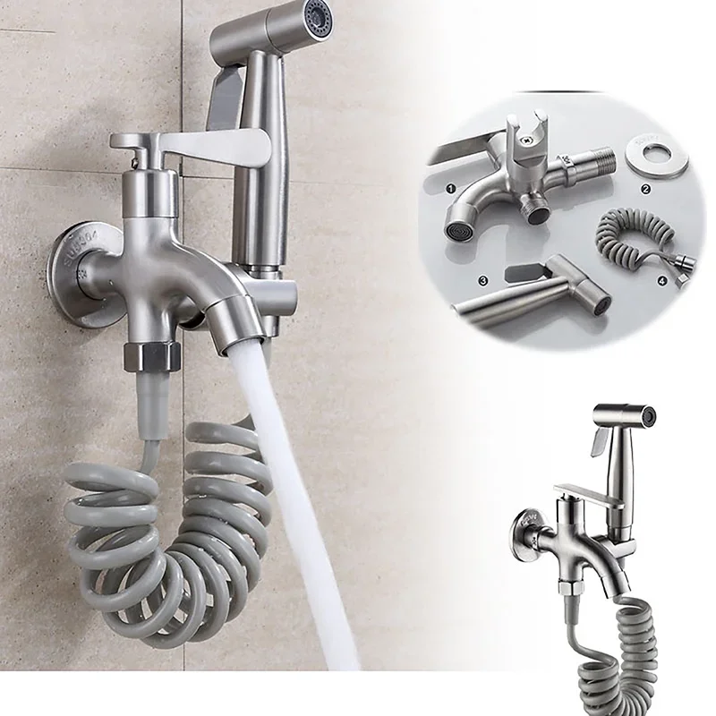 1 In 2 Out Two Way Water Tap Bathroom Faucet With Bidet Spray Holder G1/2 Interface Hose Toilet Faucets Anti-Cracking