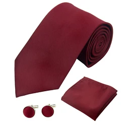 Fashion Mens Tie Set 8cm/3.15in Wedding Silk Solid Striped Black Red Accessories Cufflinks Pocket Square Necktie for Men Women