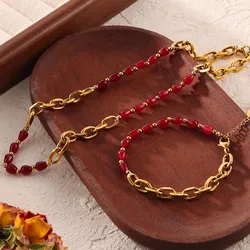 Red Agate Combined Stainless Steel Necklaces Bracelet For Women Gold Plated Women's Link Chain Necklace Bracelets Jewelry Sets
