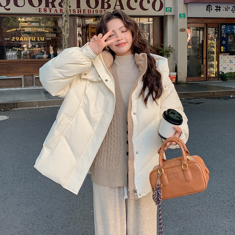 2025 الخريف الشتاء سترة منفوخة المرأة رشاقته أسفل القطن مبطن معطف فضفاض الإناث مقنعين الصلبة طويلة الأكمام سترات قصيرة #1